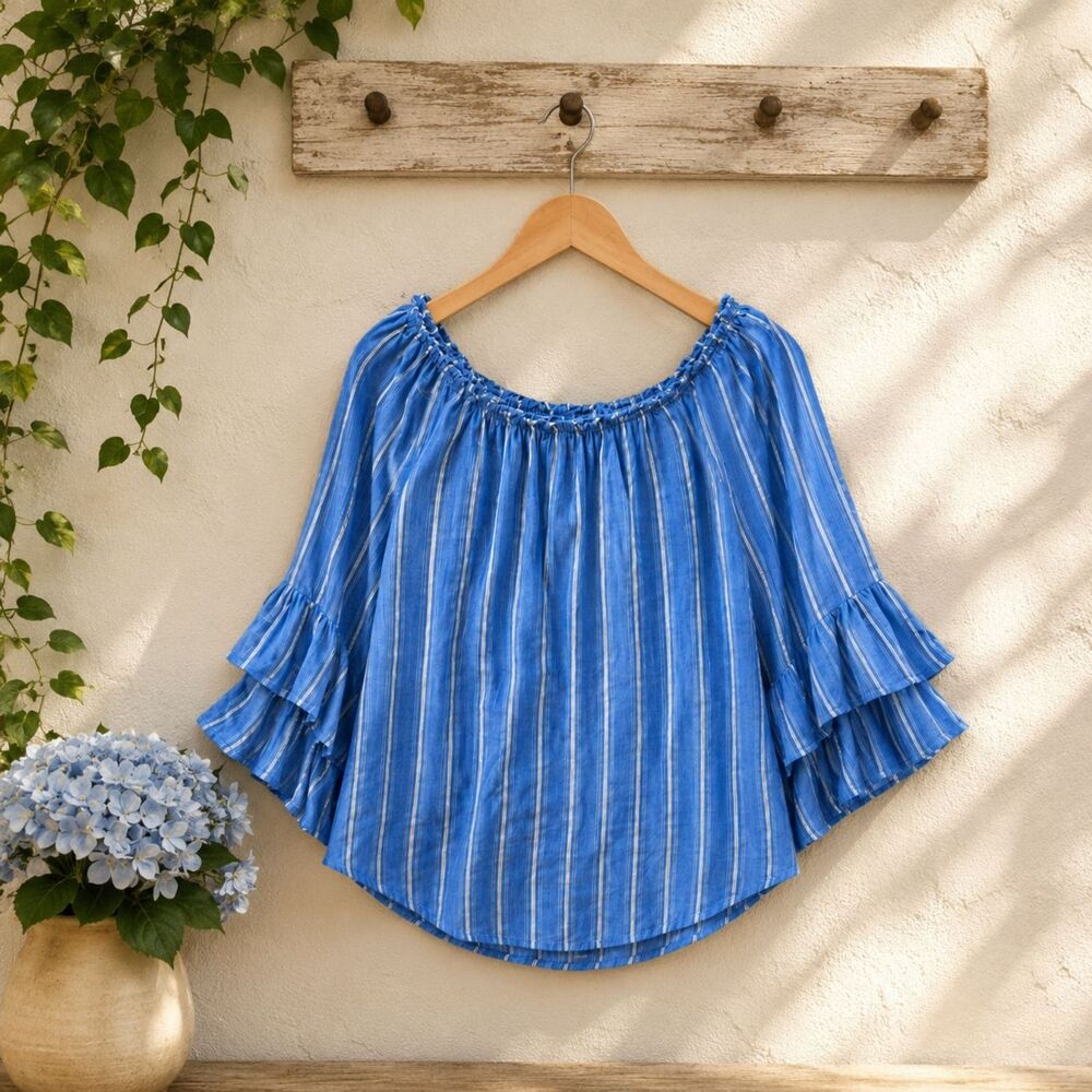 ALYX Women's Blue & White Striped Off-Shoulder Top Blouse Ruffled Sleeves XXL